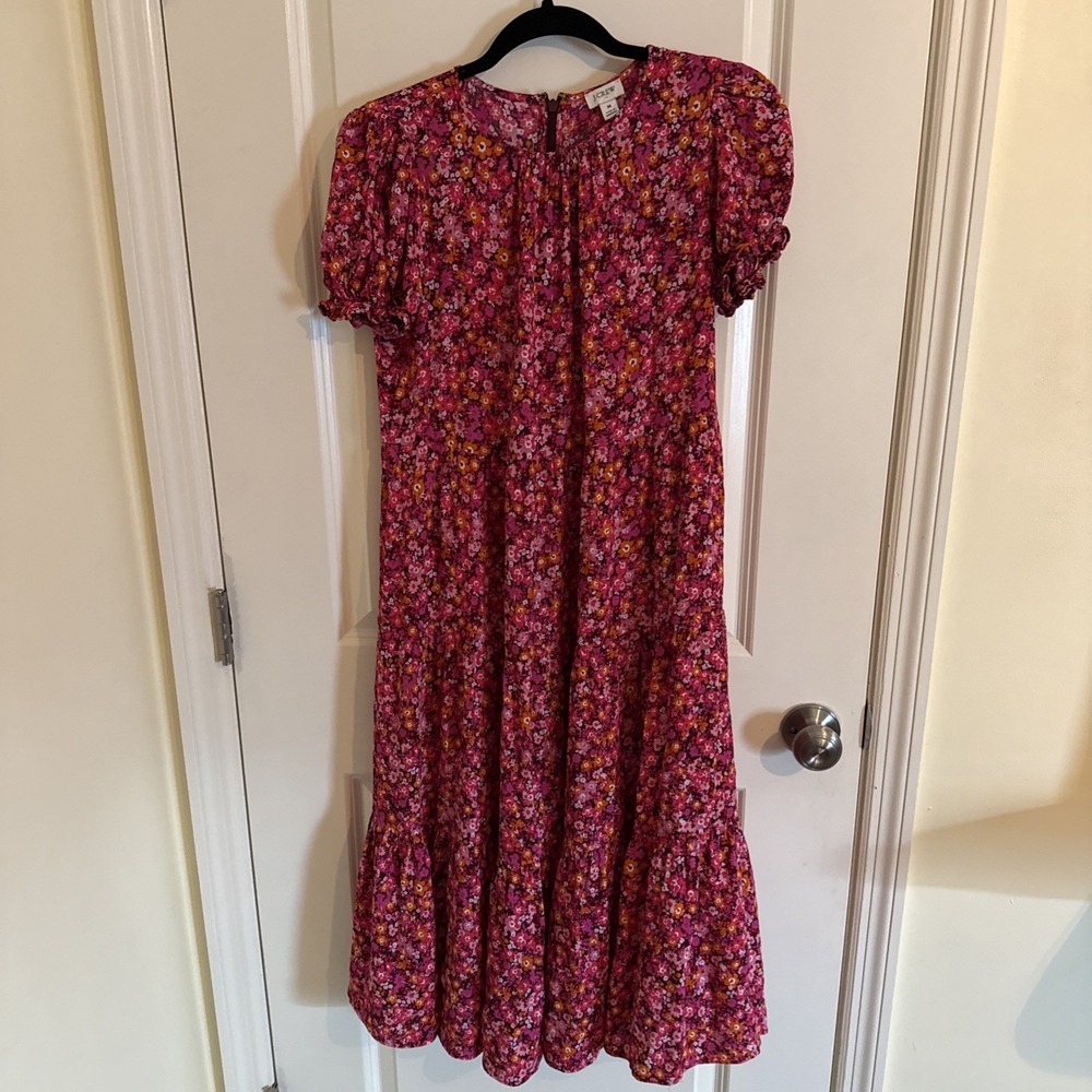 J.Crew Factory Red & Pink Floral Puff Sleeve Tiered Midi Dress Size Medium